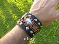 Bracelet en cuir de bison véritable avec un nickel indien Buffalo de 1937 et une pierre d'onyx