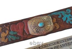 Bracelet en cuir vintage fait à la main avec conchos en argent et turquoise, style occidental, USA