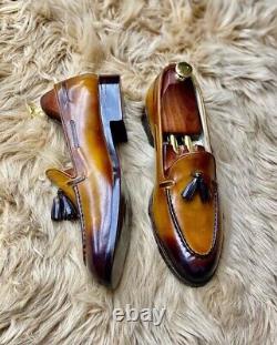 Chaussure De Mariage Sur Mesure Tan Et Noir Shaded En Cuir Loafer Mocassin