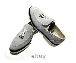 Chaussures Casual à pampilles en daim gris clair cousues Goodyear sur mesure.