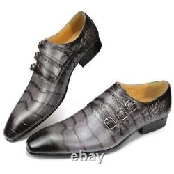 Chaussures pour hommes de moine triple en cuir imprimé crocodile gris de qualité supérieure faites à la main