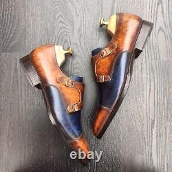Chaussures pour hommes en cuir véritable de première qualité, faites à la main, à bout d'aile, à double tonalité, avec bride de moine