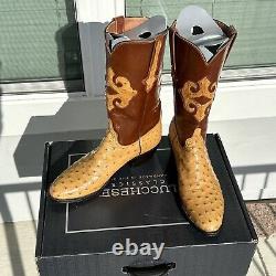 Classiques Lucchese Bottes en autruche pleine plume pour hommes Taille 11D Tan Incrustation Fait main VTG