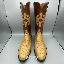 Classiques Lucchese Bottes en autruche pleine plume pour hommes Taille 11D Tan Incrustation Fait main VTG