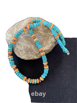 Collier en argent sterling navajo avec turquoise bleue et huître épineuse 01696