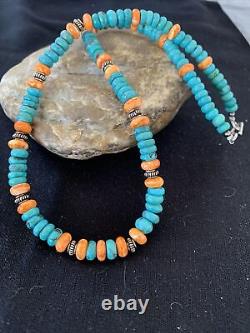 Collier en argent sterling navajo avec turquoise bleue et huître épineuse 01696