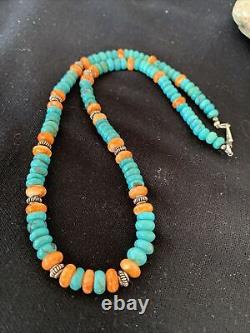 Collier en argent sterling navajo avec turquoise bleue et huître épineuse 01696