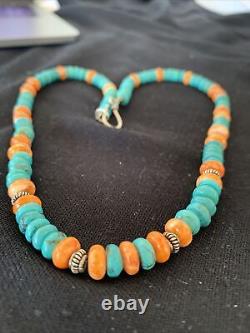 Collier en argent sterling navajo avec turquoise bleue et huître épineuse 01696
