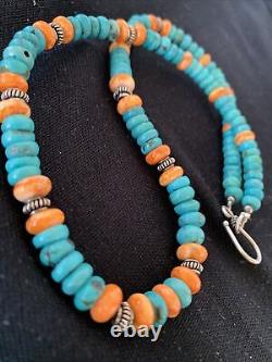 Collier en argent sterling navajo avec turquoise bleue et huître épineuse 01696