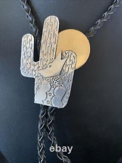 Cravate Bolo en Argent Sterling Navajo avec Loup Hurlant et Lune 12147