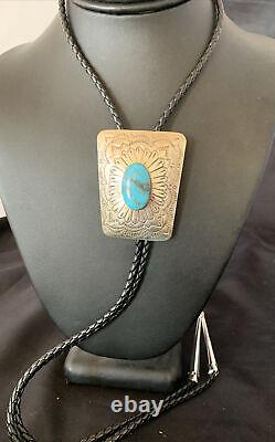 Cravate bolo en argent sterling Navajo avec turquoise Kingman bleue pour homme 12144