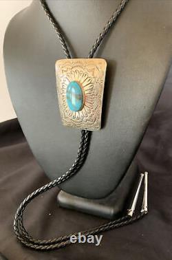 Cravate bolo en argent sterling Navajo avec turquoise Kingman bleue pour homme 12144