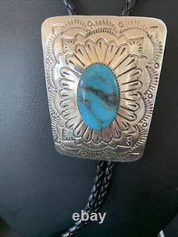 Cravate bolo en argent sterling Navajo avec turquoise Kingman bleue pour homme 12144