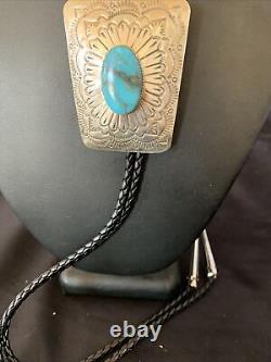 Cravate bolo en argent sterling Navajo avec turquoise Kingman bleue pour homme 12144