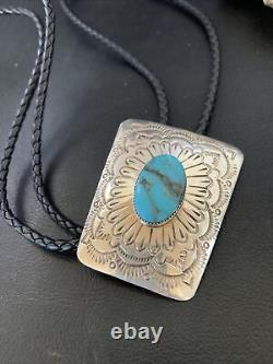 Cravate bolo en argent sterling Navajo avec turquoise Kingman bleue pour homme 12144