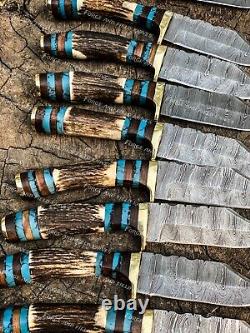 Ensemble de 20 Couteaux de Camping en Acier Damas Faits Main avec 6 Poignées en Corne de Cerf provenant des États-Unis