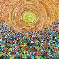 Floral Impasto 3d Peinture Acrylique Originale Texture Coucher De Soleil Champ De Fleurs 12x12