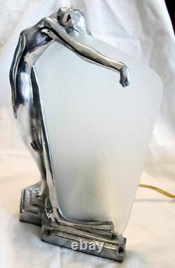 Frankart Papillon Nymph Art Déco Lampe De Table 1 Ton Aluminium Poli / Verre USA