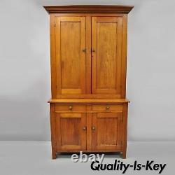 Haute Antique19th Century Pine Wood Blind Doors Step Back Armoire Hutch Cabinet
