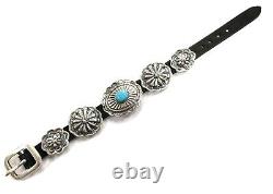Native American Navajo Handmade Sterling Argent Concho Turquoise Cuir Bracele