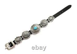 Native American Navajo Handmade Sterling Argent Concho Turquoise Cuir Bracele
