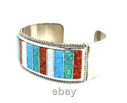 Native American Sterling Silver Hand Made Zuni Multicolored Opal Cuff Bracelet