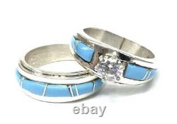 Native American Sterling Silver Navajo Handmade Turquoise Wedding Set Taille 7,25
