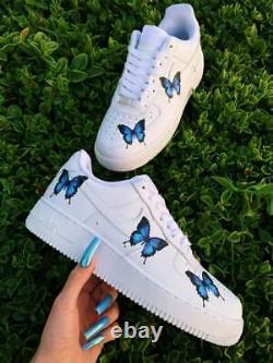 Nike Air Force 1 Faible Bleu Moyen Papillon Design Blanc Personnalisé Chaussures Toutes Les Tailles