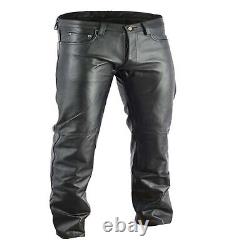 Pantalon en cuir véritable pour moto pour homme avec 5 poches, pantalon en cuir noir style 501