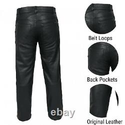 Pantalon en cuir véritable pour moto pour homme avec 5 poches, pantalon en cuir noir style 501