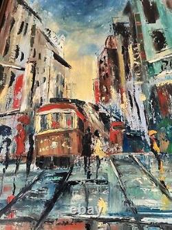 Peinture à l'huile abstraite de paysage vintage moderne de San Francisco, Californie, vieille de 1962