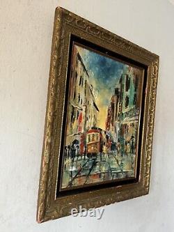 Peinture à l'huile abstraite de paysage vintage moderne de San Francisco, Californie, vieille de 1962