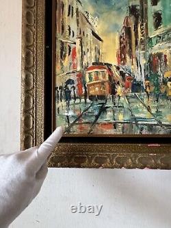 Peinture à l'huile abstraite de paysage vintage moderne de San Francisco, Californie, vieille de 1962