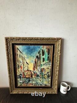 Peinture à l'huile abstraite de paysage vintage moderne de San Francisco, Californie, vieille de 1962