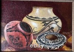 Peinture acrylique encadrée/signée vintage de la poterie Pueblo de Taos par Min