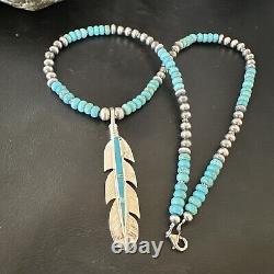 Pendentif en plume d'homme turquoise collier en argent sterling Navajo 17249