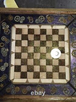 Plateau d'échecs, fait à la main en bois et résine poly coulée, engrenages, engrenages d'horloge, chronométrage