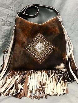 Raviani Crossbody Fringe Bag Withcristal Concho Brindle Cuir Made In USA