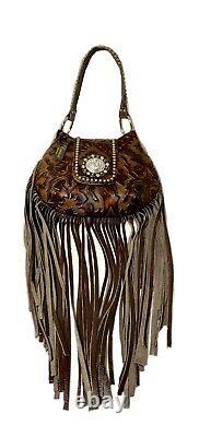 Raviani New Western Hobo Long Fringe Bag Withbrn Embossed Leather Made In USA