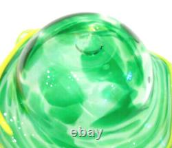 Studio Art Glass Blown À La Main 13 Service Bowl Green Swirl Bande Jaune Ruffle Rim