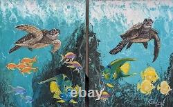 Tortues de mer. Poissons tropicaux océan peinture acrylique originale sur toile en diptyque.