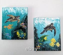 Tortues de mer. Poissons tropicaux océan peinture acrylique originale sur toile en diptyque.