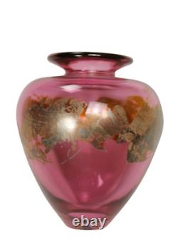 Vase en verre soufflé à la main Edward Art Nouveau signé rose vin or Canada doré