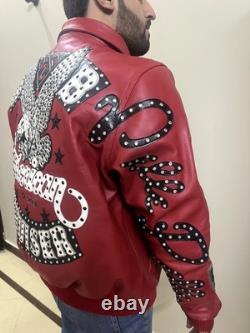 Veste en cuir rouge personnalisée pour homme American Bruiser