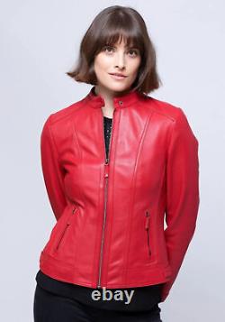 Veste en cuir véritable rouge pour femmes en peau de mouton faite à la main, élégante et ajustée