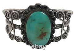 Vintage Navajo Sterling Argent & Turquoise Oval Stone Cuff Bracelet Fabriqué À La Main